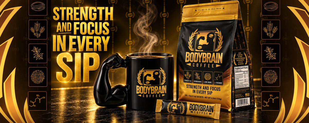 BodyBrain Coffee bag, signature mug and sachet. Strength and focus in every sip.